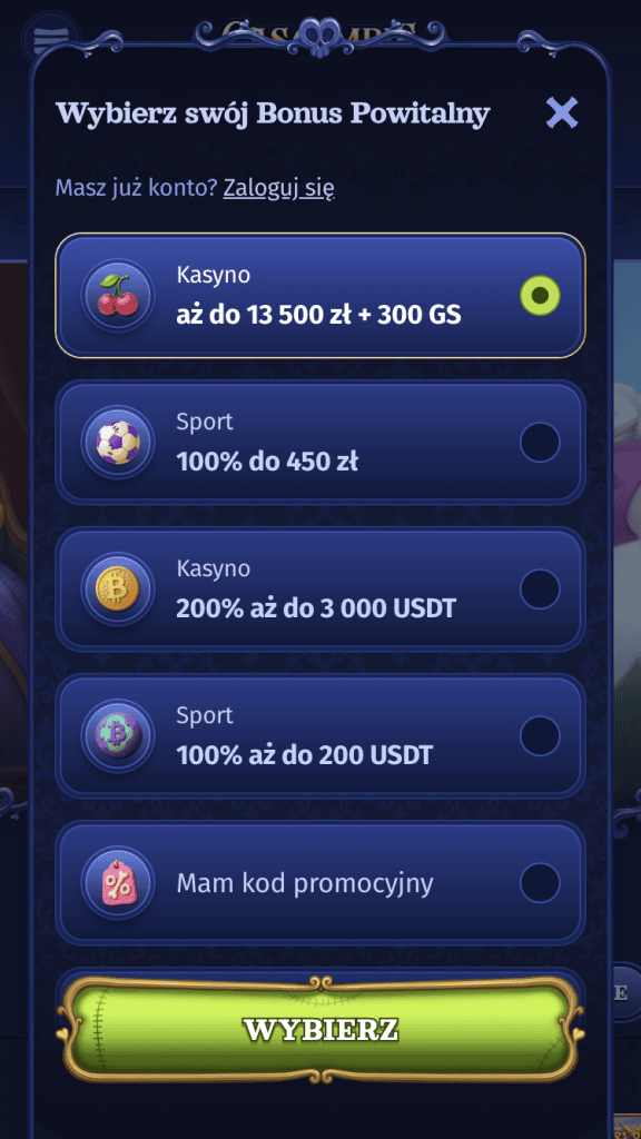 Wybierz jeden z bonusów powitalnych