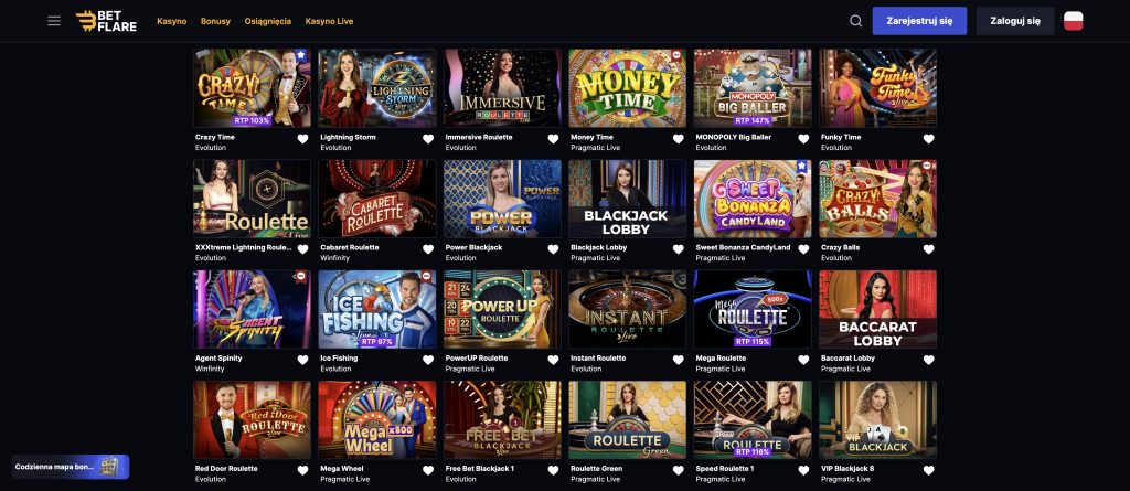 Betflare Casino gry kasynowe na żywo