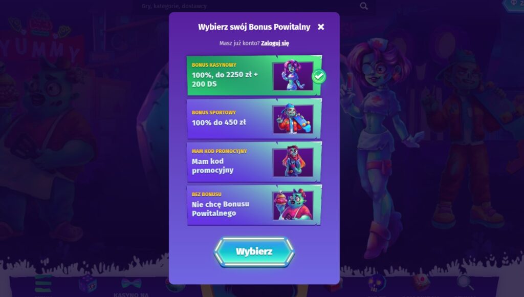 Wybierz jeden z bonusów powitalnych