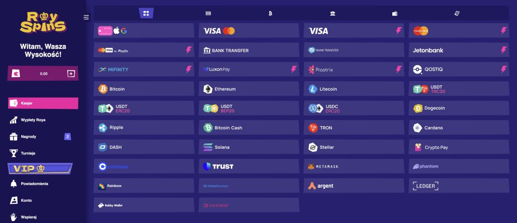 RoySpins metody płatności