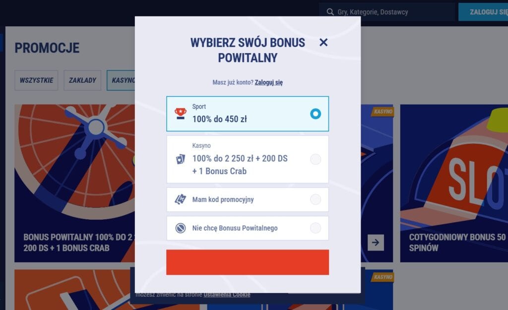 Otwórz formularz i wybierz bonus
