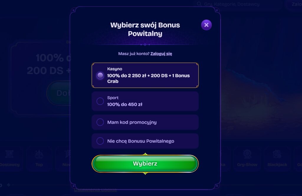 Dokonaj wyboru bonusu na start