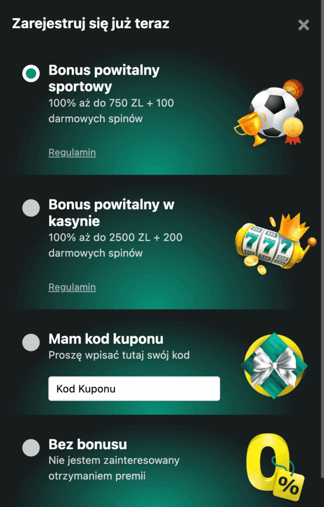 Wybierz bonus powitalny - 