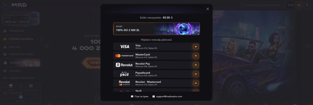 MAD Casino Metody płatności
