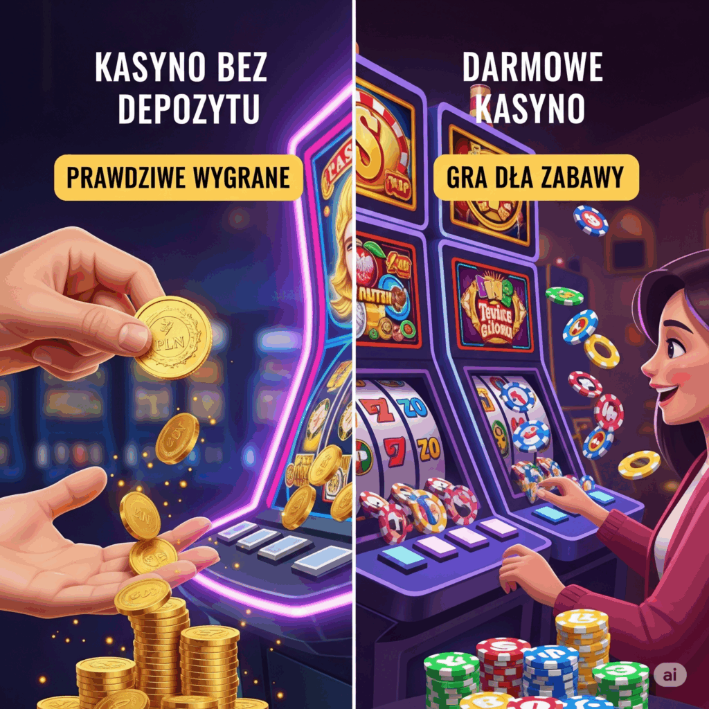 Porównanie kasyna bez depozytu, gdzie wygrywa się prawdziwe pieniądze (PLN), z darmowym kasynem online do gry dla zabawy na wirtualne żetony.