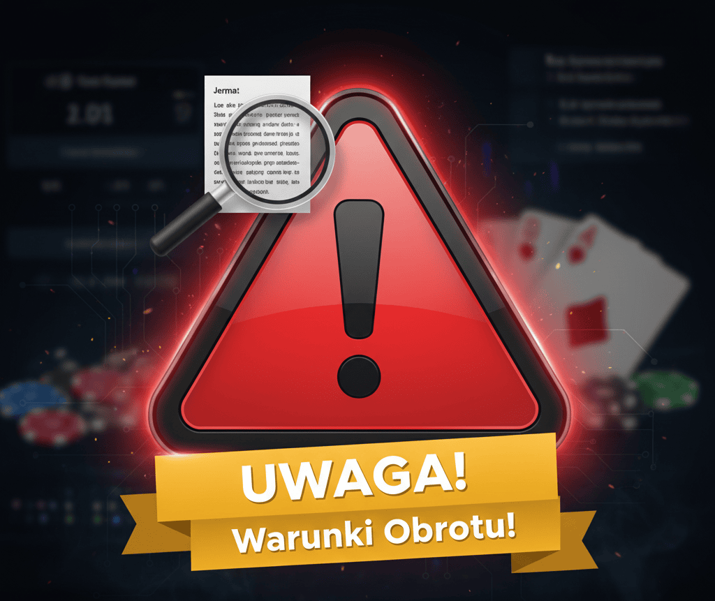 Czerwony trójkąt ostrzegawczy z wykrzyknikiem, lupa nad tekstem regulaminu oraz baner z napisem "UWAGA! Warunki Obrotu!". Ilustracja zachęca do czytania regulaminu bonusu.