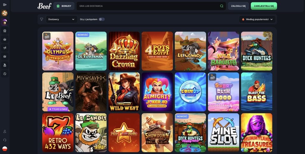 Beef Casino wybór gier