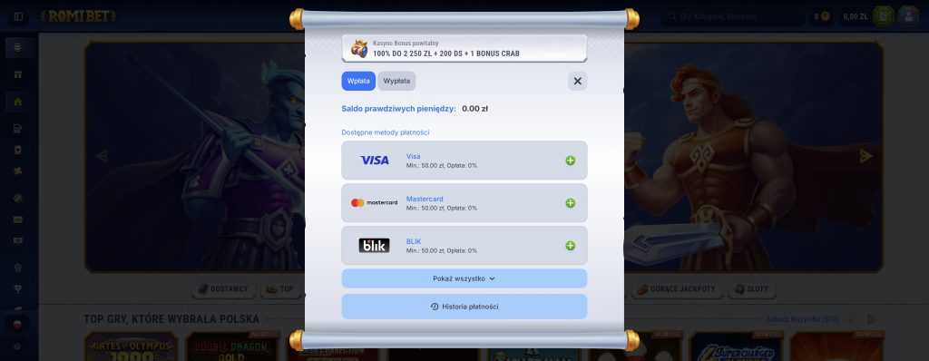 Romibet Casino metody płatności