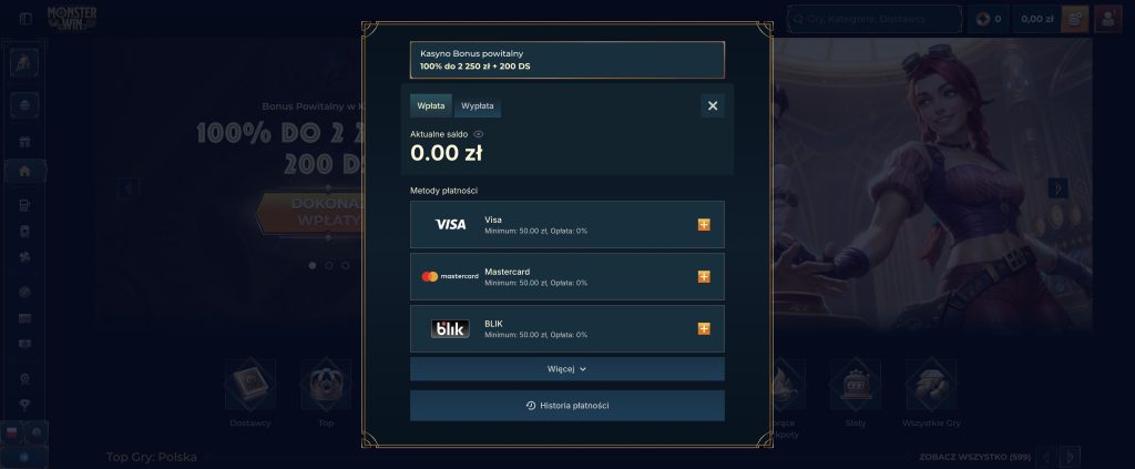 Monster Win Casino metody płatności